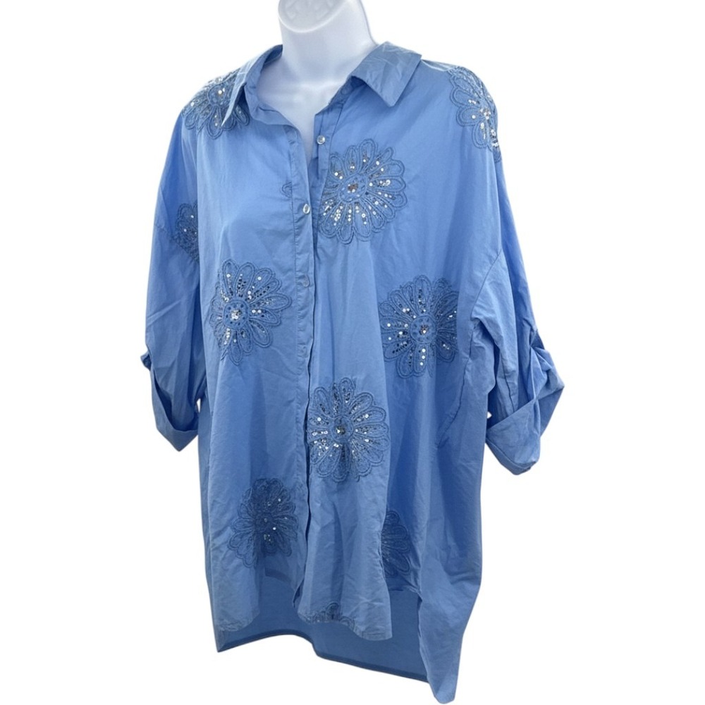 Rosa 99 Style Italy Blue‎ Floral Eyelet Sequin Cotton Roll Tab Shirt One Size